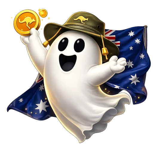 Spookino mascot holding the Australian flag
